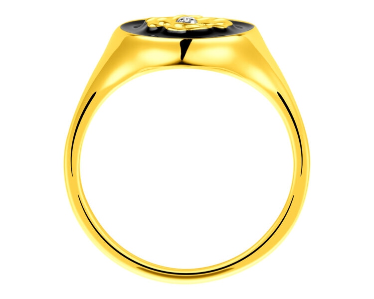 Pierścionek z żółtego złota z diamentem i emalią - sygnet, róża 0,004 ct - próba 375