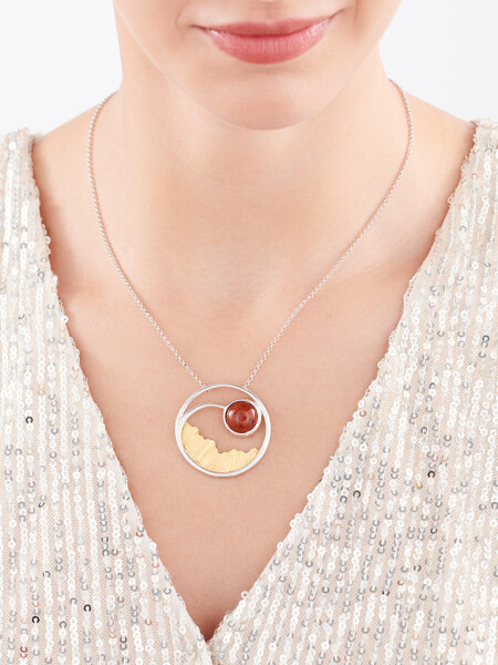 Rhodium-Plated Silver, Gold-Plated Silver Necklace with Amber