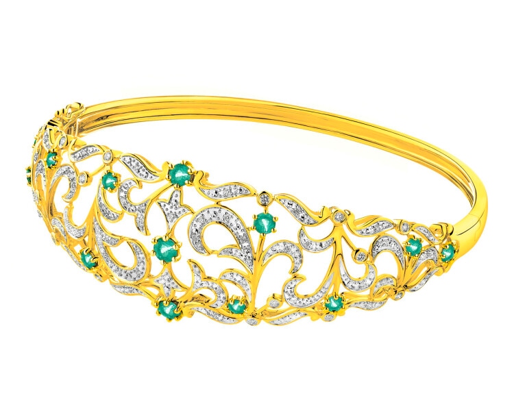14 K Rhodium-Plated Yellow Gold Rigid Bracelet with Diamonds - fineness 14 K