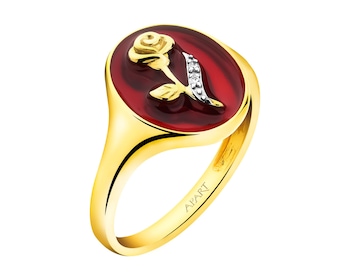 Pierścionek z żółtego złota z diamentami i emalią - sygnet - róża 0,006 ct - próba 375