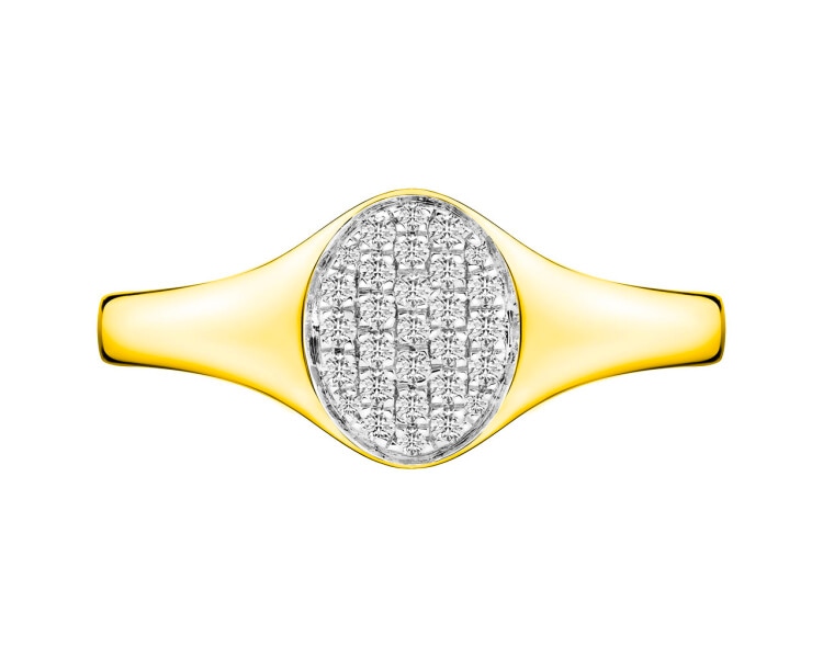 14 K Rhodium-Plated Yellow Gold Signet Ring with Diamonds 0,16 ct - fineness 14 K