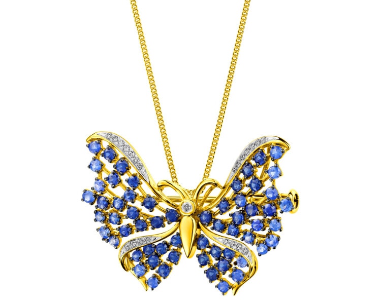 Zlatá brož s diamanty a safíry - motýl - ryzost 585