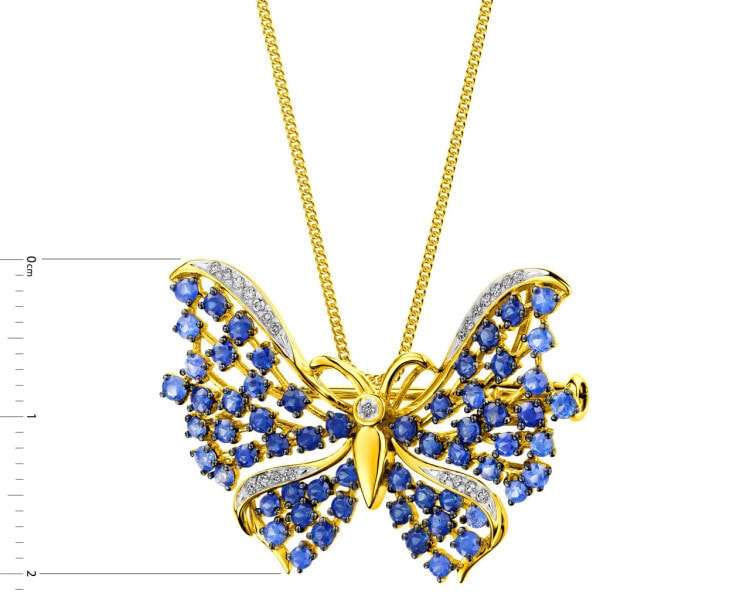 Zlatá brož s diamanty a safíry - motýl - ryzost 585