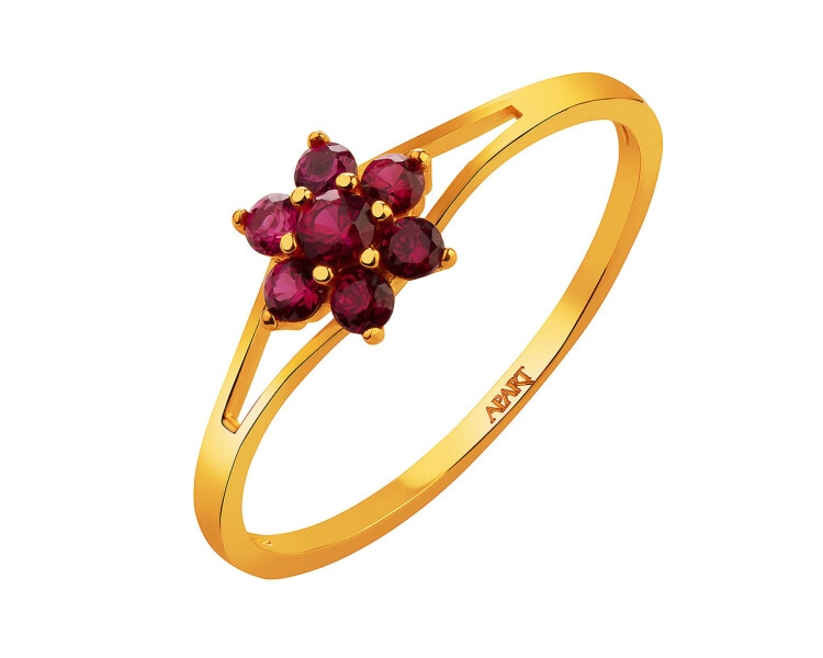 Złoty pierścionek z rubinami syntetycznymi - kwiat