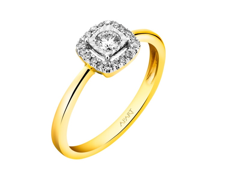 14 K Rhodium-Plated Yellow Gold Ring with Diamonds 0,16 ct - fineness 14 K