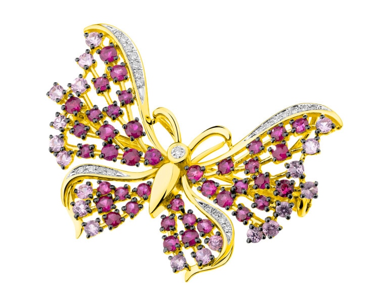 Brož - zlatý přívěsek s diamanty a drahokamy - motýl - ryzost 585