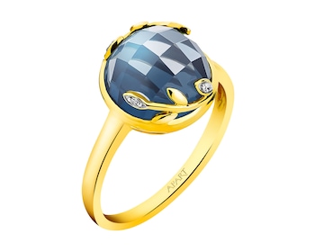 Zlatý prsten s diamanty a topazem London Blue - listy - ryzost 585