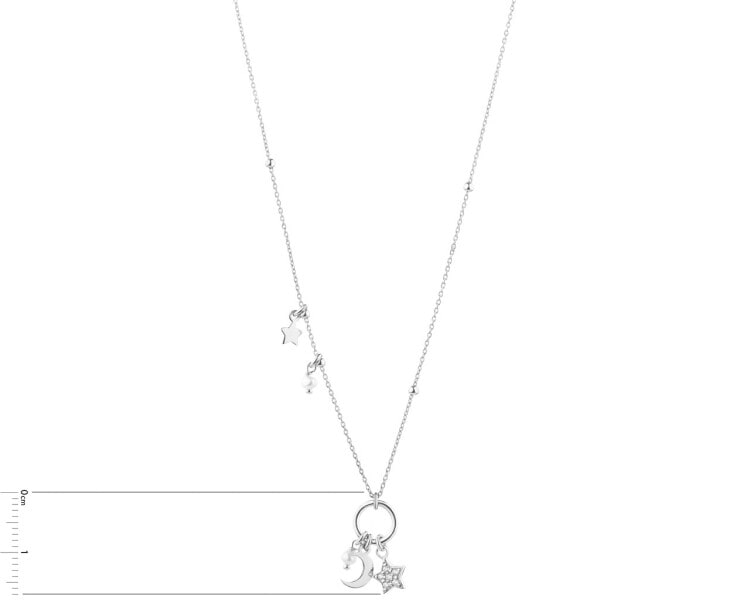 Stříbrný náhrdelník s perlami a zirkony - půlměsíc, hvězdy