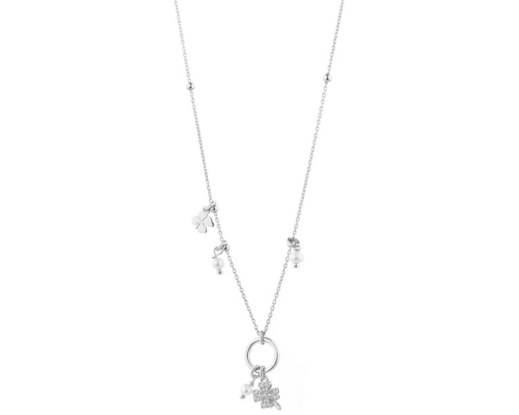 Stříbrný náhrdelník s perlami a zirkony - čtyřlístky