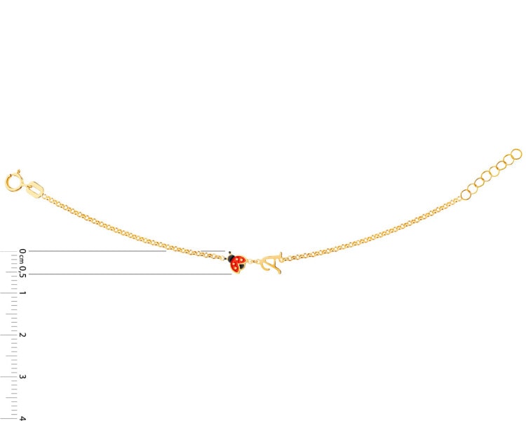 Złota bransoletka z emalią, ankier - biedronka, litera A