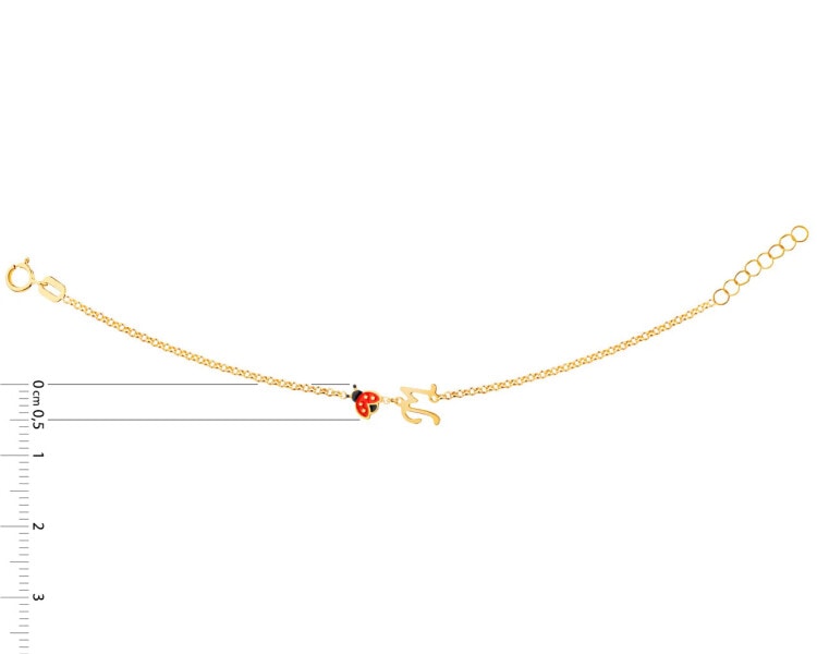 Złota bransoletka z emalią, ankier - biedronka, litera M