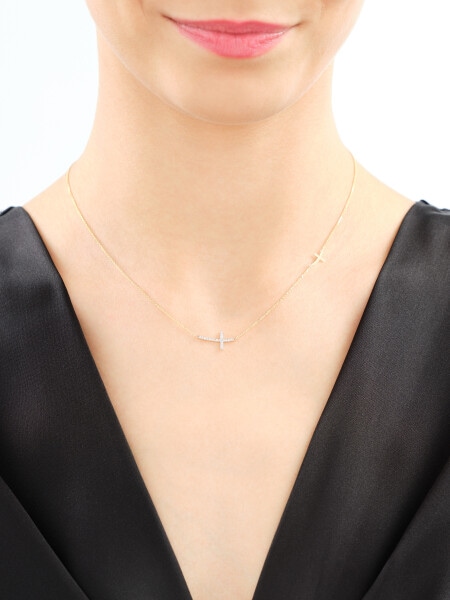 Zlatý náhrdelník s diamanty - kříž - 0,06 ct - ryzost 585
