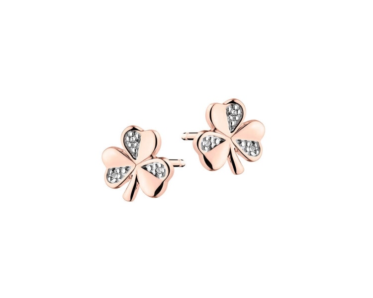 9 K Rhodium Plated Rose Gold Earrings with Diamonds 0,01 ct - fineness 9 K