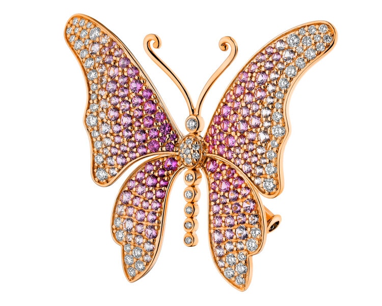 Broszka - zawieszka z różowego złota z brylantami i szafirami - motyl - próba 750