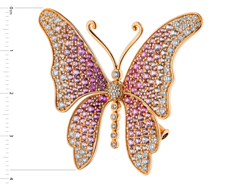 Broszka - zawieszka z różowego złota z brylantami i szafirami - motyl - próba 750