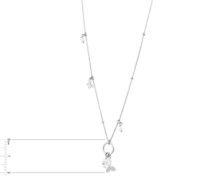Stříbrný náhrdelník s perlami a zirkony - motýli