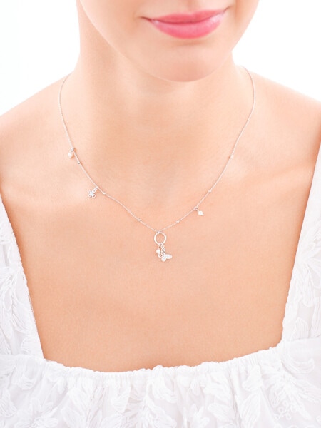 Stříbrný náhrdelník s perlami a zirkony - motýli