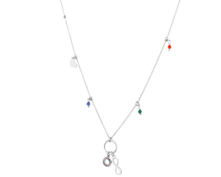 Stříbrný náhrdelník se zirkony a broušeným sklem - nekonečno, kroužky, srdce