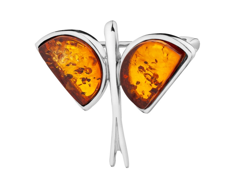 Rhodium Plated Silver Brooch with Amber