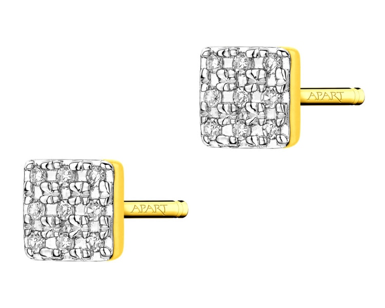 Kolczyki z żółtego złota z diamentami - kwadraty 0,03 ct - próba 585