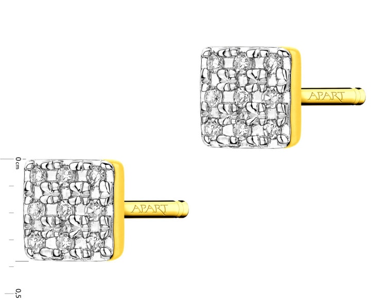 Kolczyki z żółtego złota z diamentami - kwadraty 0,03 ct - próba 585