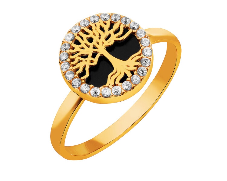 Złoty pierścionek z onyksem syntetycznym i cyrkoniami - drzewko