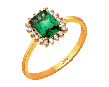 Zlatý prsten se syntetickým smaragdem a zirkony