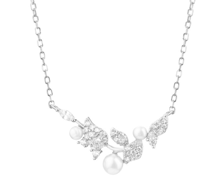 Naszyjnik srebrny z perłami i cyrkoniami - liście