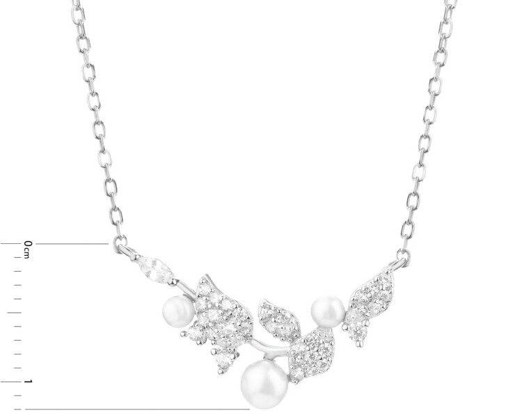 Stříbrný náhrdelník s perlami a zirkony - listy