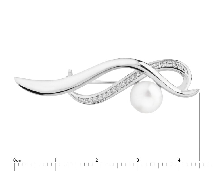 Broszka srebrna z perłą i cyrkoniami