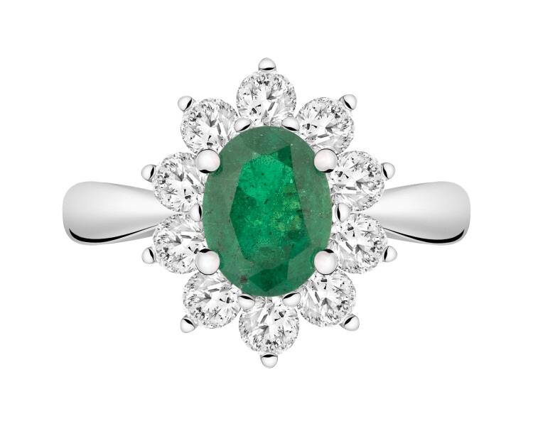 Yellow and white gold ring with brilliants and emerald - fineness 14 K
