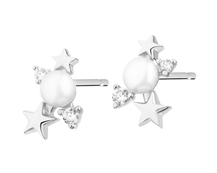 Stříbrné náušnice s perlami a zirkony - hvězdy