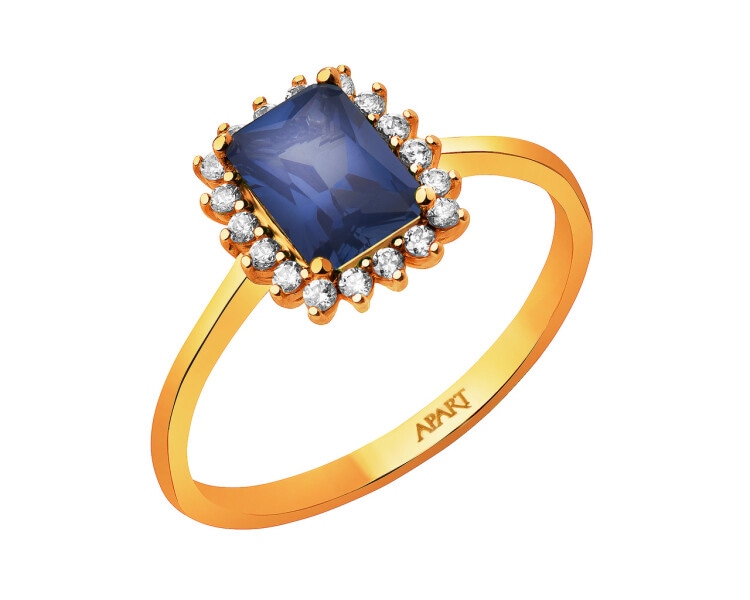Zlatý prsten se syntetickým safírem a zirkony