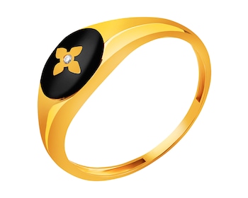 Złoty pierścionek z cyrkonią i emalią - sygnet
