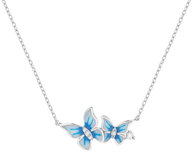 Stříbrný náhrdelník se zirkony a smaltem - motýli