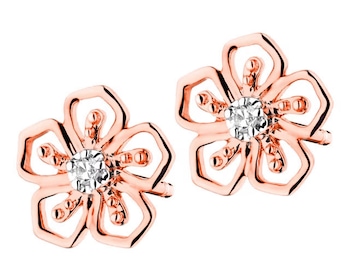 Kolczyki z różowego złota z diamentami - kwiaty 0,01 ct - próba 375
