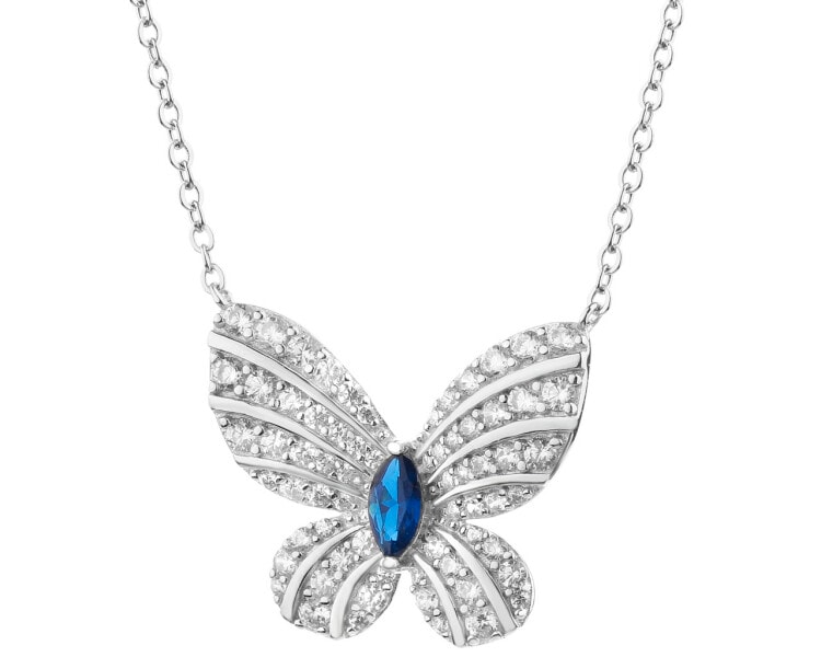 Stříbrný náhrdelník se zirkony a broušeným sklem - motýl