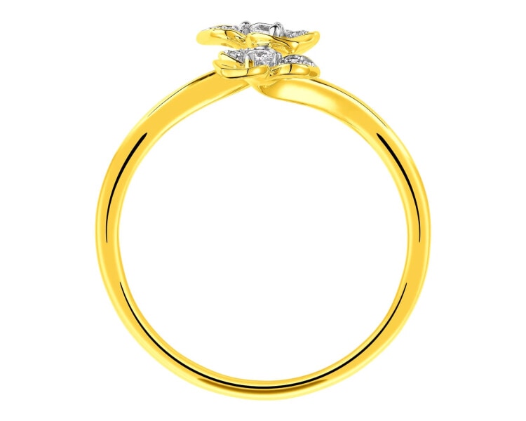 Pierścionek z żółtego złota z diamentami - kwiaty 0,07 ct - próba 585