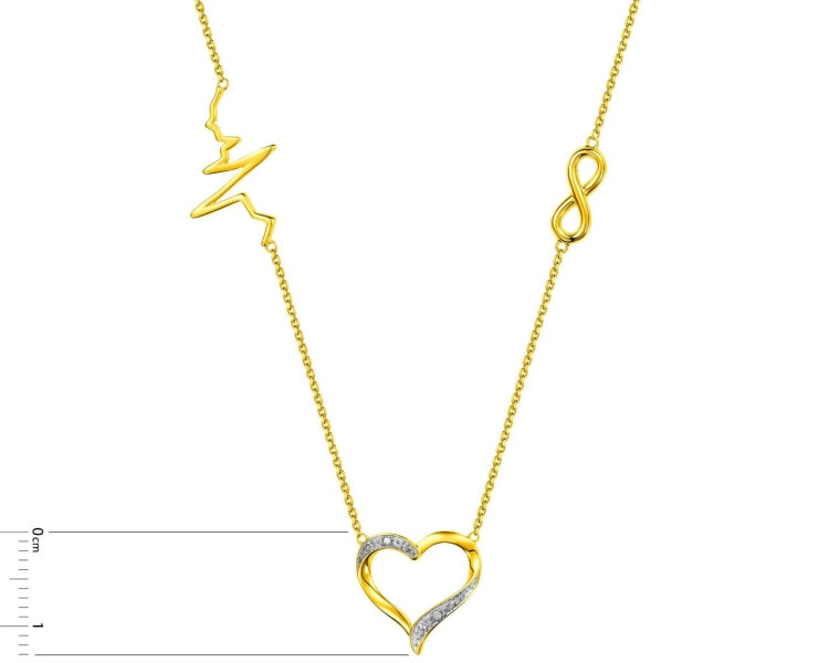 Zlatý náhrdelník s diamanty - srdce, nekonečno, EKG 0,006 ct - ryzost 585