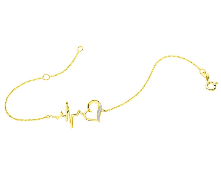 Bransoletka z żółtego złota z diamentami - serce, EKG serca 0,01 ct - próba 585