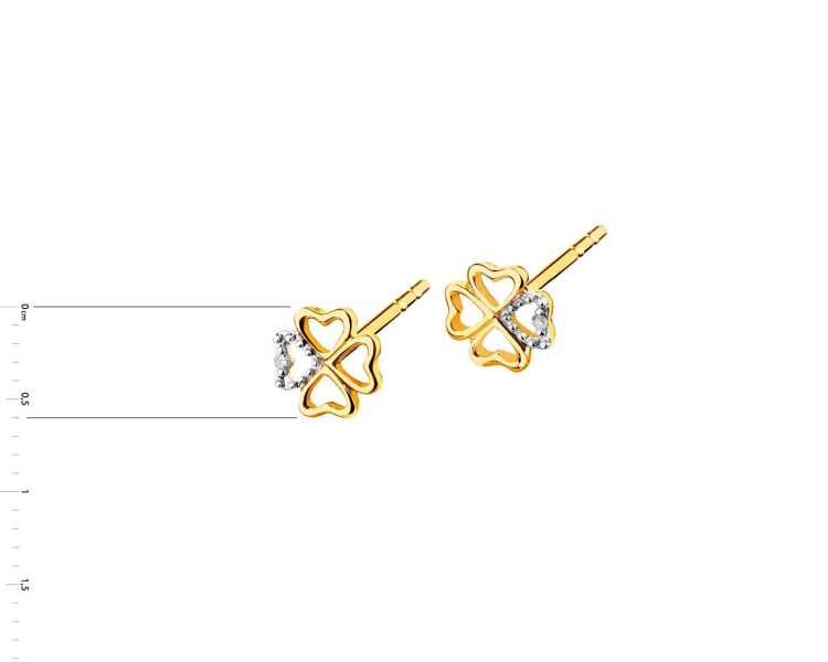 Zlaté náušnice s diamanty - čtyřlístky, srdce 0,004 ct - ryzost 585