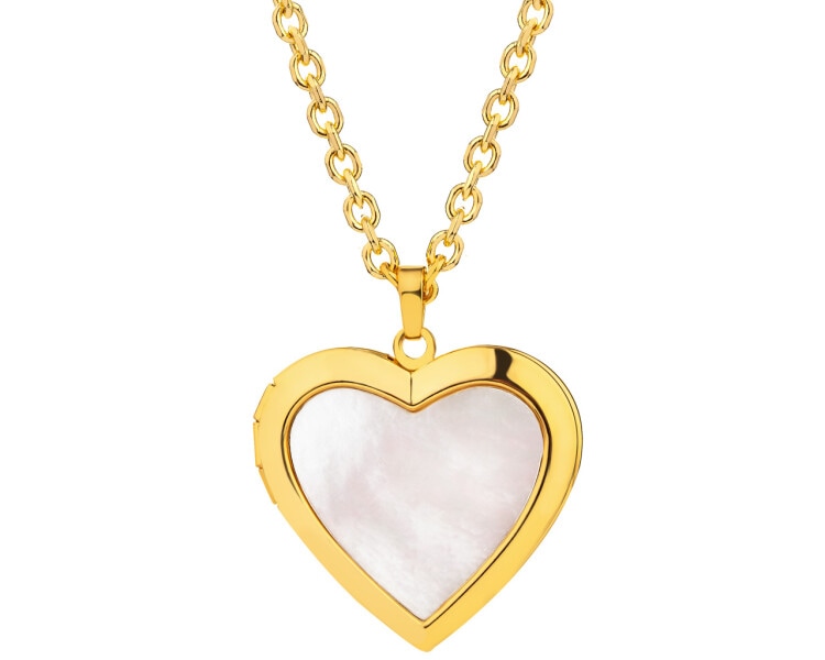 Pozlacený náhrdelník z mosazi s perletí - otevírací medailon - srdce