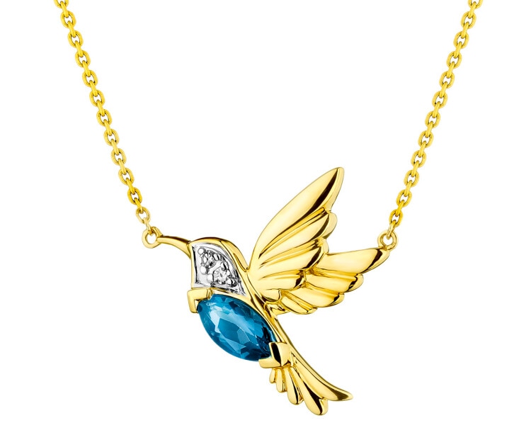 Zlatý náhrdelník s diamantem a topazem London Blue - pták - ryzost 585