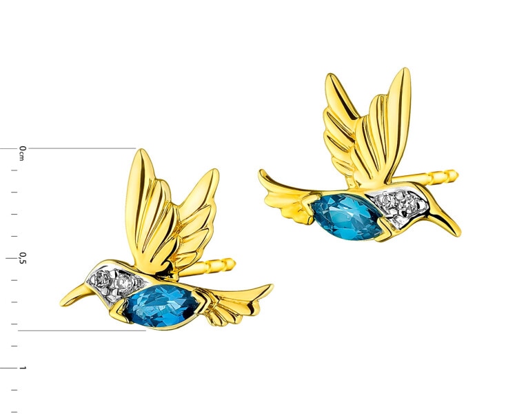Zlaté náušnice s diamanty a topazy London Blue - ptáci - ryzost 585