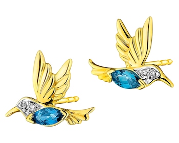 Kolczyki z żółtego złota z diamentami i topazami London Blue - kolibry - próba 375