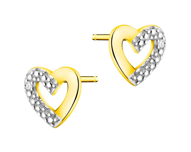 Zlaté náušnice s diamanty - srdce 0,005 ct - ryzost 585