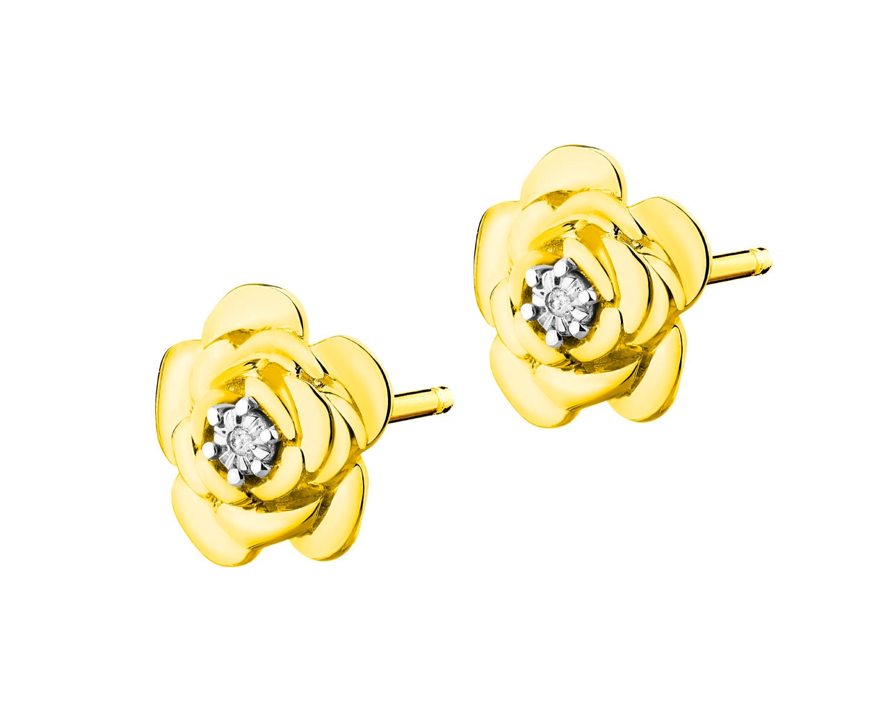Kolczyki z żółtego złota z diamentami - kwiaty, róże 0,005 ct - próba 375