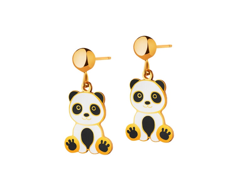 Złote kolczyki z emalią - misie panda