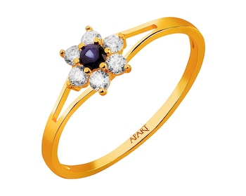 Złoty pierścionek z szafirem syntetycznym i cyrkoniami - kwiat
