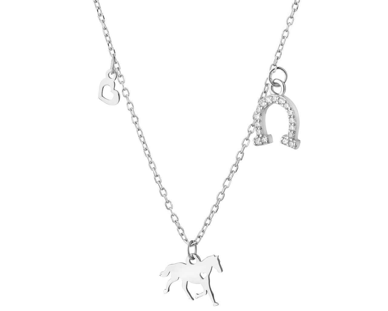 Naszyjnik srebrny z cyrkoniami - koń, podkowa, serce